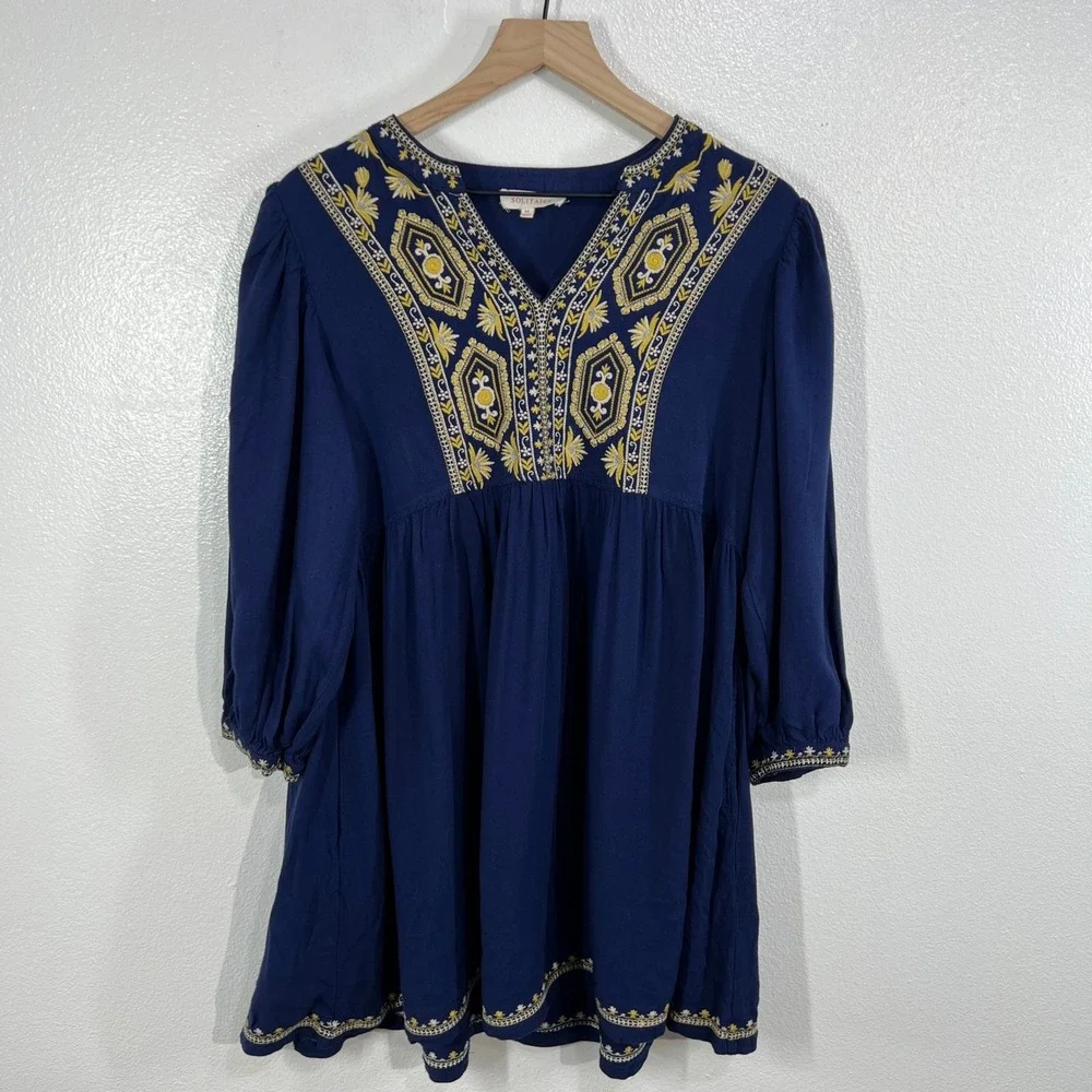 Solitaire Medium Blue‎ Embroidered Rayon Peasant Dress Bohemian Festival